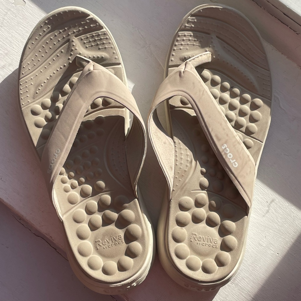 Beige Cushiony Crocs x Reviva Massage Flip Flops